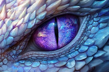 Close-up view of a dragon's eye highlighting intricate scales and fiery colors