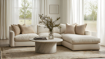 Relaxing sectional sofa in a bright living room with large windows and natural light. Perfect for comfortable lounging.