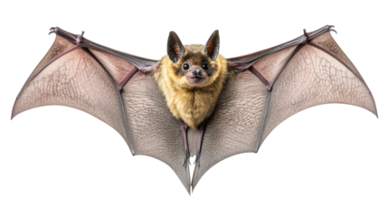 bat with its wings spread wide. showcasing its intricate wing structure and fur texture against a white background it highlights the unique anatomy of bats. emphasizing their role in ecosystems as pol