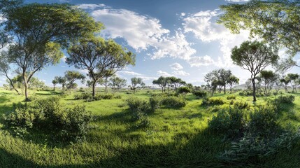 Fototapeta premium Serene African Savannah Landscape: A Breathtaking Panorama of Lush Green Grasslands under a Sunny Sky