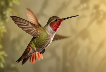 Anna's hummingbird in flight against a warm sunlight backdrop, aerial view, tree branches, flight