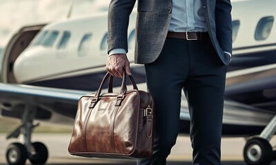 Stylish businessman in tailored suit holding leather briefcase standing near private jet on airport runway, representing success, luxury, and travel aspirations in a modern setting with ai generated. - Powered by Adobe