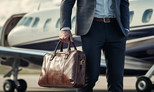 Stylish businessman in tailored suit holding leather briefcase standing near private jet on airport runway, representing success, luxury, and travel aspirations in a modern setting with ai generated.