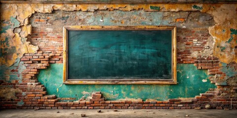 Naklejka premium Vintage Weathered Chalkboard Frame on Abandoned Classroom Wall with Peeling Paint and Exposed Brick in Nostalgic Setting