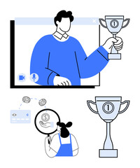 Person holding a trophy in a video call, magnifying glass examining a coin, various financial icons. Ideal for virtual success, recognition, financial analysis, online business, achievements