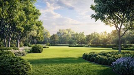 Fototapeta premium Serene Garden Landscape at Sunrise: A Breathtaking Vista of Lush Greenery and Tranquil Beauty