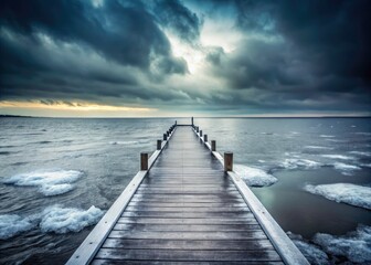 Obraz premium Winter Solitude: Empty Jetty, Seascape, Cold Weather, Frozen Coast, Icy Landscape Photography