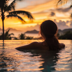 Fototapeta premium Relaxing in an Infinity Pool at Sunset with Scenic Tropical Views