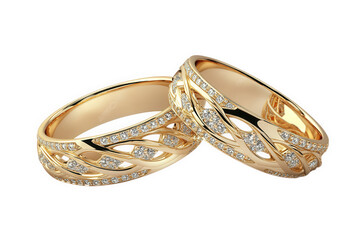 pair of elegant gold wedding rings. intricately designed with flowing patterns and adorned with sparkling diamonds. symbolizing love and commitment the rings are polished to a high shine. showcasing t