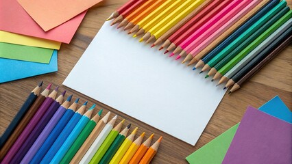 Fototapeta premium Colorful pencils arranged on a wooden board with various shades of colored paper scattered around them, crayons, desk accessories
