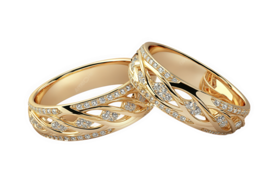 pair of elegant gold wedding rings. intricately designed with flowing patterns and adorned with sparkling diamonds. symbolizing love and commitment the rings are polished to a high shine. showcasing t