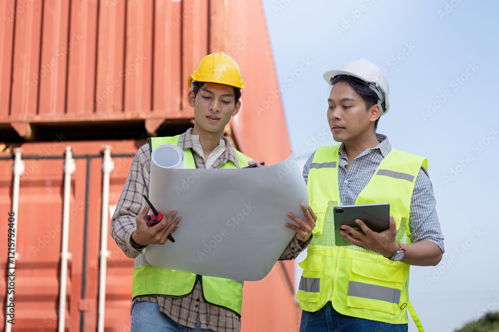 Poster engineers reviewing blueprints for logistics and container management in import and export