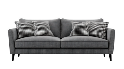 a modern gray sofa with a clean design. featuring two sets of black-and-white checkered throw pillows. ideal for enhancing living spaces with comfort and style