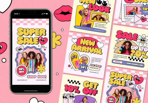 Yellow Pink Retro Cartoon Valentine Fashion Instagram Post and Story Layout