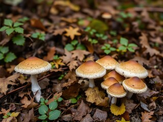 Autumn mushrooms blend seamlessly into the surrounding foliage on a forest floor, natural camouflage, forest layering