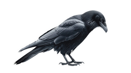 Fototapeta premium striking black raven. depicted in a side profile against a minimalist white background. highlighting its intricate feather details and sharp beak. evoking a sense of mystery and elegance