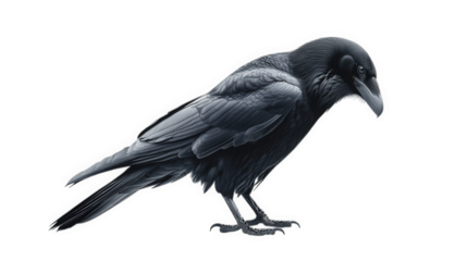 striking black raven. depicted in a side profile against a minimalist white background. highlighting its intricate feather details and sharp beak. evoking a sense of mystery and elegance