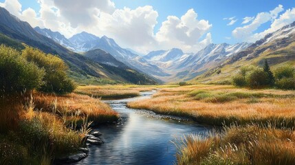 Naklejka premium Serene Mountain River Valley Landscape: Breathtaking Autumn Scenery