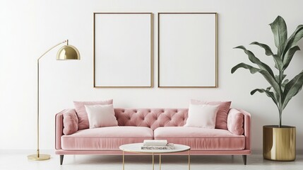 Elegant Pink Velvet Sofa in Modern Minimalist Living Room Interior Design