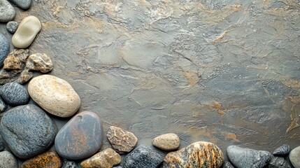 Serene Stonescape: A Textured Composition of River Rocks on a Slate Background