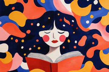 woman reading with colorful abstract background