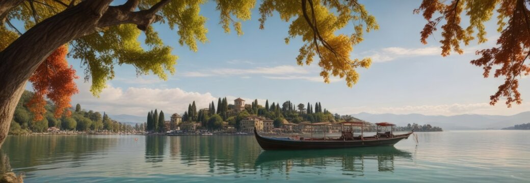 Barche ormeggiate in riva al lago Trasimeno con alberi e edifici storici , boats, italian lakes, trasmegno