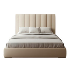 modern. upholstered bed with a tall. padded headboard and neutral bedding. designed for comfort and aesthetic appeal in a bedroom setting it emphasizes a minimalist style suitable for contemporary int