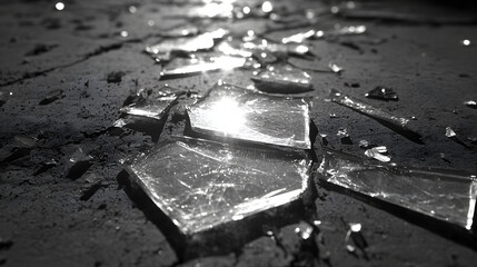 Broken Glass Pieces Scattered on a Dark Background with Light Reflections