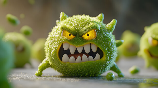 Green Virus Monster with Menacing Expression and Sharp Teeth