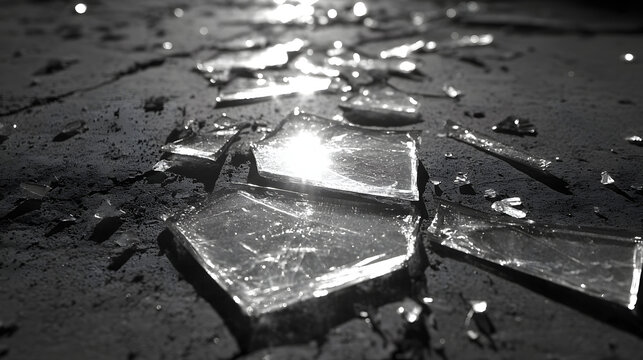 Broken Glass Pieces Scattered on a Dark Background with Light Reflections