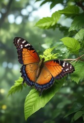 Beautiful butterfly resting on a green leafy branch, idyllic scenery, green branches