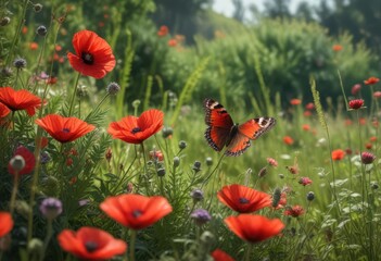 Fototapeta premium Beautiful butterfly resting on a velvety red poppy plant amidst tall grasses and wildflowers , nature photography, blooming flowers, sunflower fields