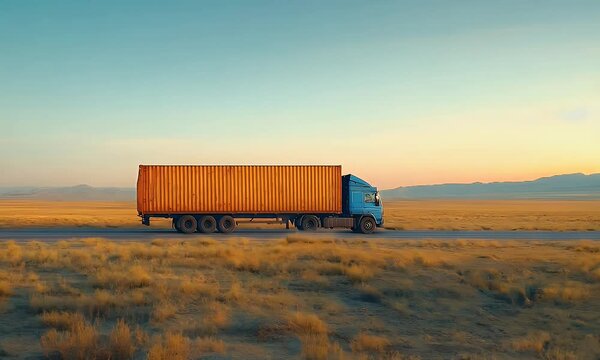 A blue truck with a shipping container drives through a vast, golden landscape under a clear sky.