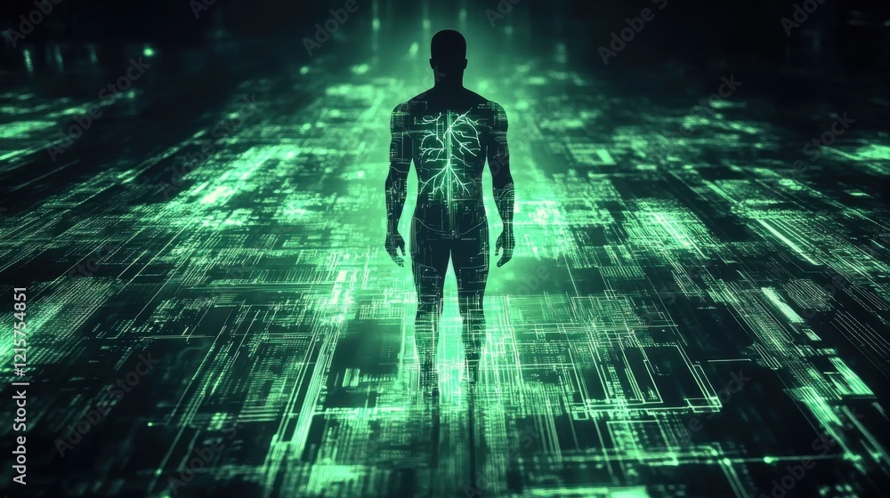 Poster futuristic digital human figure in green binary data environment representing technology and transfo