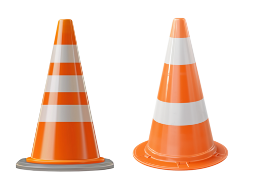 High-detail orange traffic cones with white stripes on transparent background for safety, construction, or roadwork themes