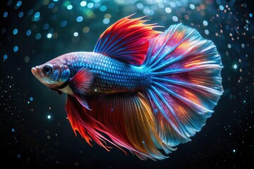 Fototapeta premium Long Exposure Betta Fish Photography: Stunning Aquarium Images, Vibrant Colors, Underwater World, Small Tank, Aquatic Life