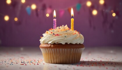 Birthday cupcake with a single burning candle in the center, birthday cake, bright, cupcake