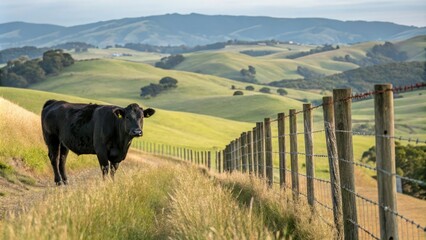 Black Angus cow standing near a fence line with a scenic countryside view highlighting its natural habitat, fencing, black angus cattle