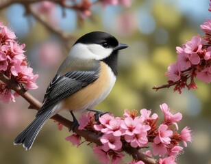 Obraz premium Black Capped Chickadee perched on a flowering branch in a sunny tree, bird on branch, small bird, nature