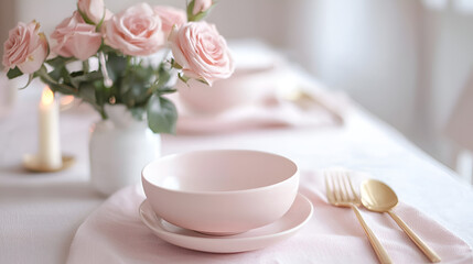 Elegant table setting with pink dishes, roses, and gold cutlery. Perfect for a romantic dinner or special occasion.