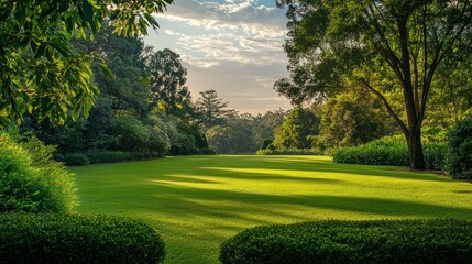 Fototapeta premium Serene Sunset Garden Landscape: A Picturesque View of Lush Green Lawns and Towering Trees