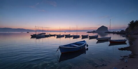 Fototapeta premium blue hour at the seaside with calm water and boats, peaceful, tranquility