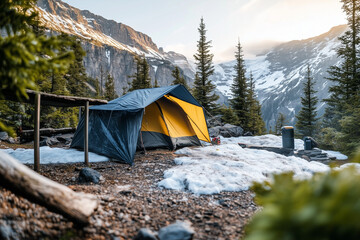 Landscape view of camping zone on snow mountain in winter, Aerial view of winter camping with portable camping tent, Selective focus camping tent on snow, Outdoor activity concept.