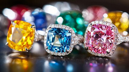 Colorful gemstone rings on dark surface
