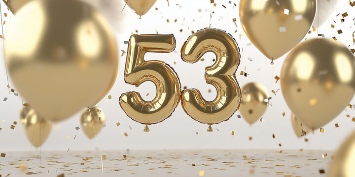 Golden balloons in the shape of number 53, surrounded by confetti, blurred background. To celebrate birthday anniversary