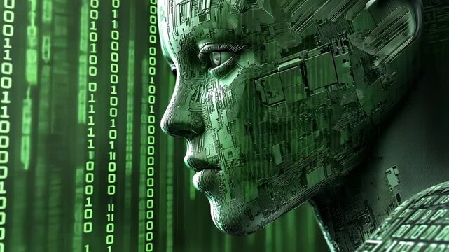 Digital portrait of a futuristic humanoid with circuitry patterns and binary code on a green background