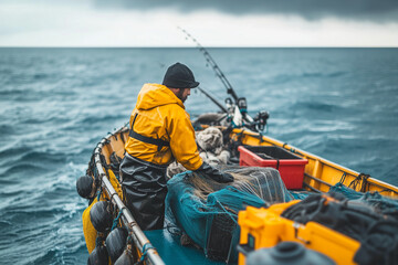 Fototapeta premium Selective focus fisherman with trawl to catch a fish on the boat in the ocean, Portrait of fisherman in trawler on the sea.