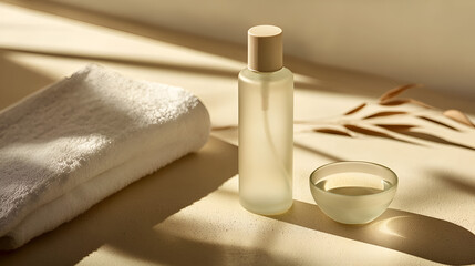 Naklejka premium Spa setting with skincare products. A tranquil scene featuring a frosted glass bottle, small bowl, and soft towel bathed in sunlight.