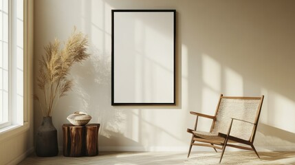 Serene Minimalist Living Room Interior Design with Blank Poster Mockup