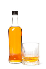 Bottle and glass of rum on white background